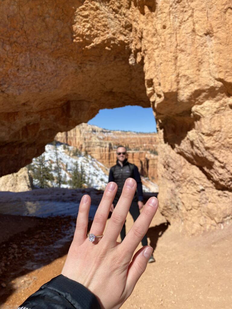 woman shows her lab grown diamond ring after getting engaged